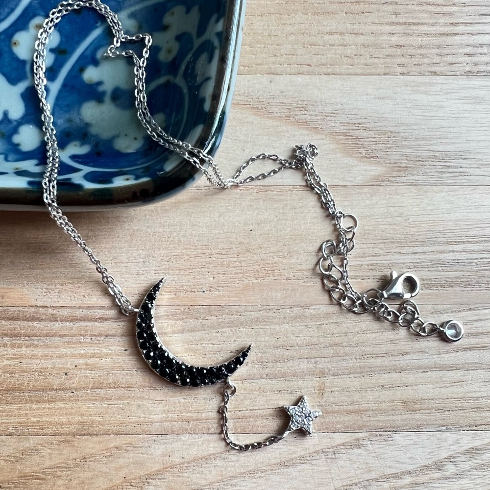Celestial 925 silver Moon and star necklace with pave cubic zirconia